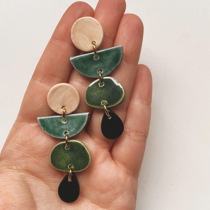 color block ceramic earrings Modern Hand Painted Green Jewelry, Hand Painted Green Modern Jewelry, Black Glaze, Black Stud, Earthenware Clay, Unique Nature, Green And Black, 22k Gold, Teal Green