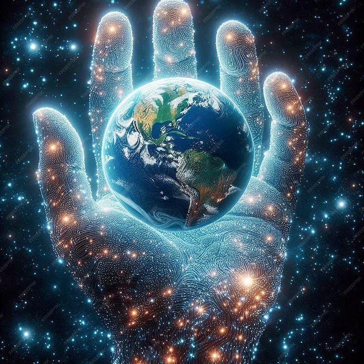 a hand holding the earth in its palm with stars around it and blue hues