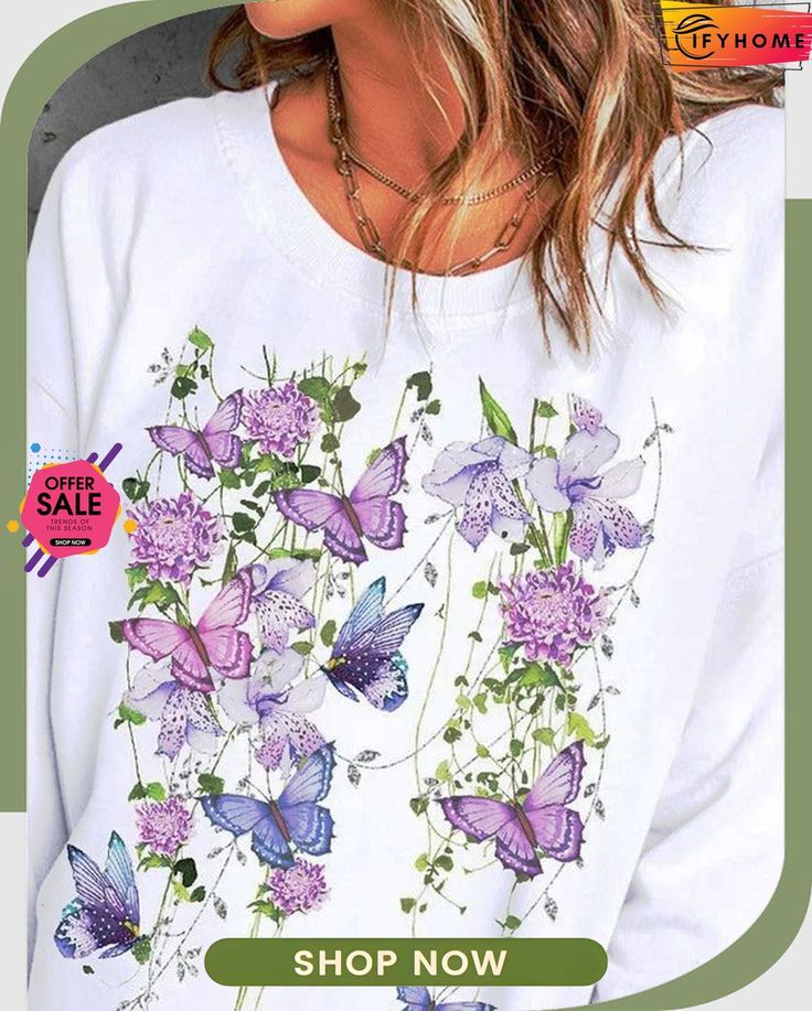 Casual Floral Sweatshirt Spring Long Sleeve Graphic T-shirt, Spring Graphic Print Crew Neck Sweater, Spring Graphic Print Relaxed Sweater, White Long Sleeve Sweatshirt For Spring, Trendy Crew Neck Sweatshirt For Spring, Purple Long Sleeve Sweatshirt For Spring, White Letter Print Sweater For Spring, Summer Crew Neck Sweater With Floral Print, Spring Cotton Crew Neck Sweater