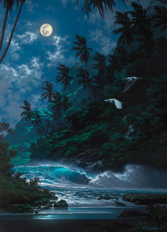 a painting of birds flying over the ocean at night with full moon in the sky