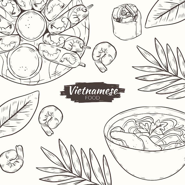 hand drawn vegetables and fruits on a plate with the words vietnamese food written in black ink