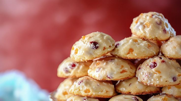 a pile of cookies sitting on top of each other in front of a red wall