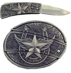 a pair of scissors sitting on top of a metal belt with a star in the center