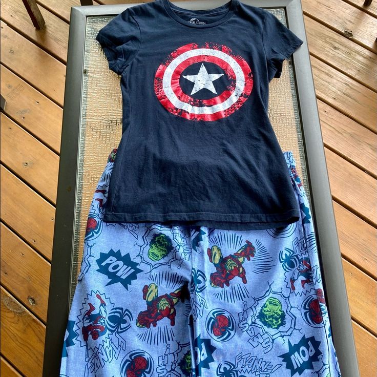 I Can’t Tell You How Sad I Am That These Pieces Don’t Fit Me. They Are Not An Official Set But Separate Pieces That I’m Reposhing Together. Euc Captain America Fitted Women’s Tshirt From Universal Studios, Size Medium Nwot Marvel Pajama Pants With Wide Legs And Drawstring/Elastic Waist, Size 32/34 Smoke Free Home Wonder Woman Pajamas, Casual Graphic Print T-shirt For Pajama Party, Casual Pajama Shorts For Pajama Party, Casual Blue Sleepwear, Casual Pajama Shorts For Sleepover, Casual Graphic Print T-shirt For Pajamas, Casual Blue Tops For Pajama Party, Casual T-shirt With Graphic Print For Pajama Party, Casual Bottoms With Graphic Print For Pajama Party