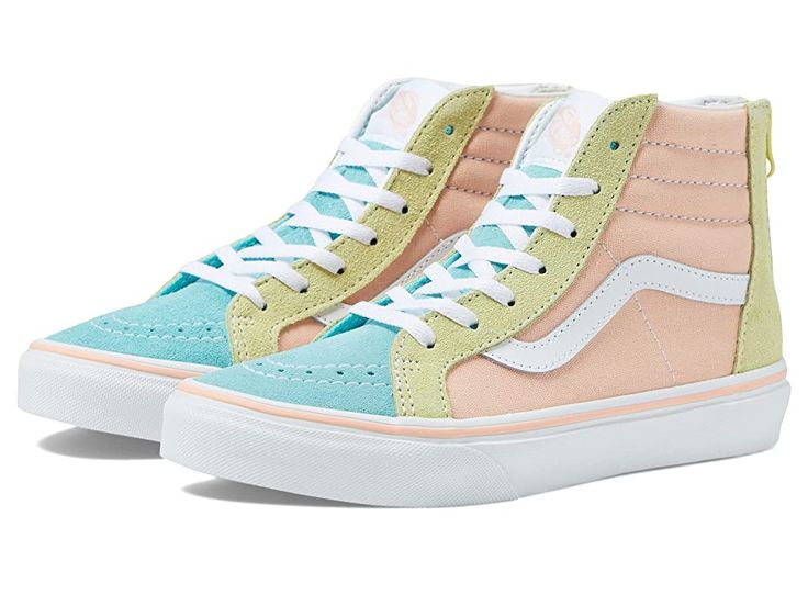 Vans Kids Sk8-Hi Zip (Little Kid) - Girls Shoes : Pastel Block Multi/White : From her favorite flannels, to tried and true denims, she'll be trending and timeless in these Vans Kids SK8-Hi Zip sneakers! These chenille-embellished kicks feature a high-top silhouette with a quilted collar and classic side-stripe detailing in a patterned canvas upper. A traditional lace-up closure and back zipper seal the old-school deal. A breathable textile lining and comfort-cushioned insole make all-day wear a Playful High-top Sneakers For Spring, Spring Sneakers For School, Spring School Sneakers With Round Toe, Playful Spring Sneakers With White Sole, Pastel High-top Sneakers For Spring, Playful Lace-up Sneakers For Spring, White Sole Sneakers For School In Spring, Cute Green Sneakers For Spring, Pastel Lace-up Spring Sneakers