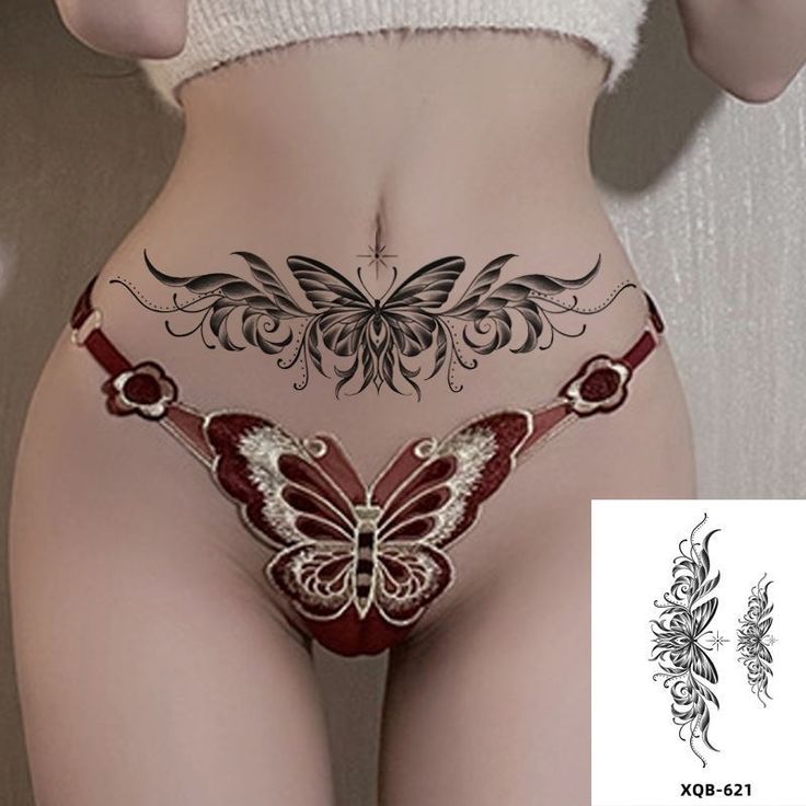 a woman with butterfly tattoos on her stomach and bottom part, showing the back side of her panties