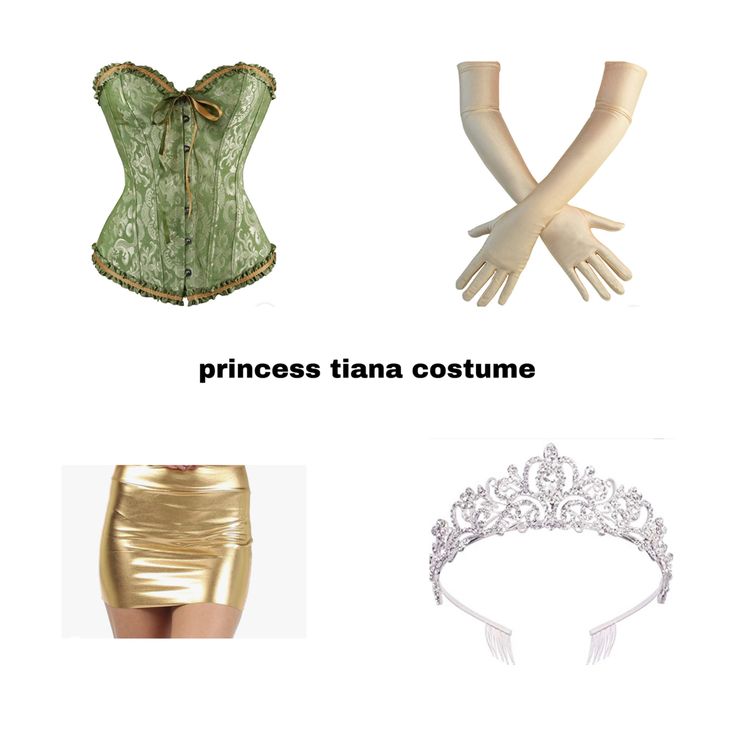 princess tiara costume with gloves and headbands on display in front of a white background