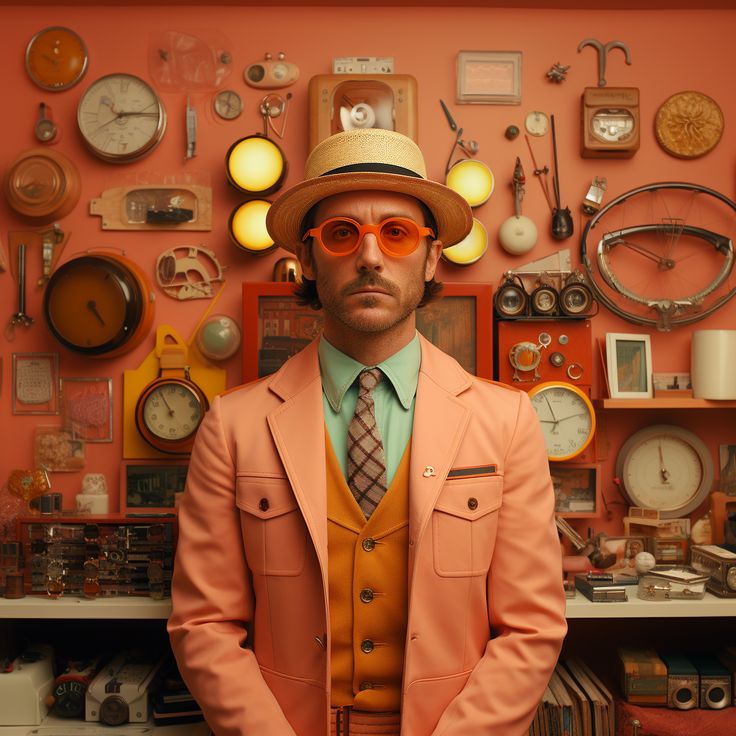 a man in an orange suit and hat with many clocks on the wall behind him