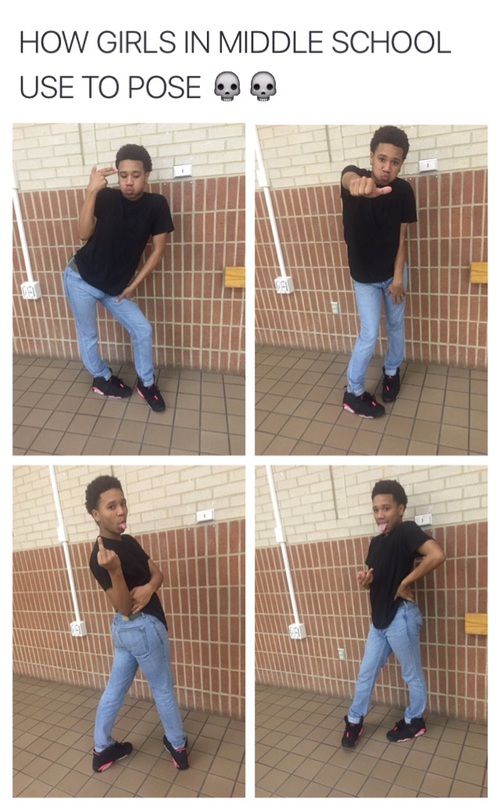 four pictures of a young man standing in front of a brick wall with his hands on his hips