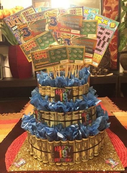 a birthday cake made to look like a basket full of cards and blue streamers