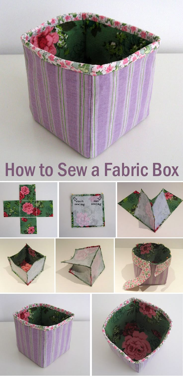 the instructions for how to sew a fabric box with flowers and stripes on it