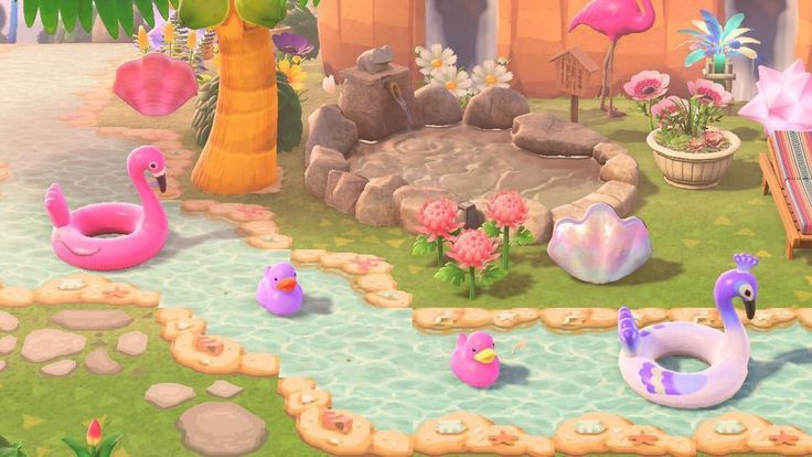 an animal crossing game with pink flamingos and other animals in the background, including a pool