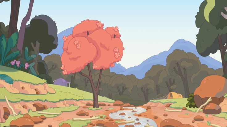 a cartoon scene with trees and rocks in the foreground