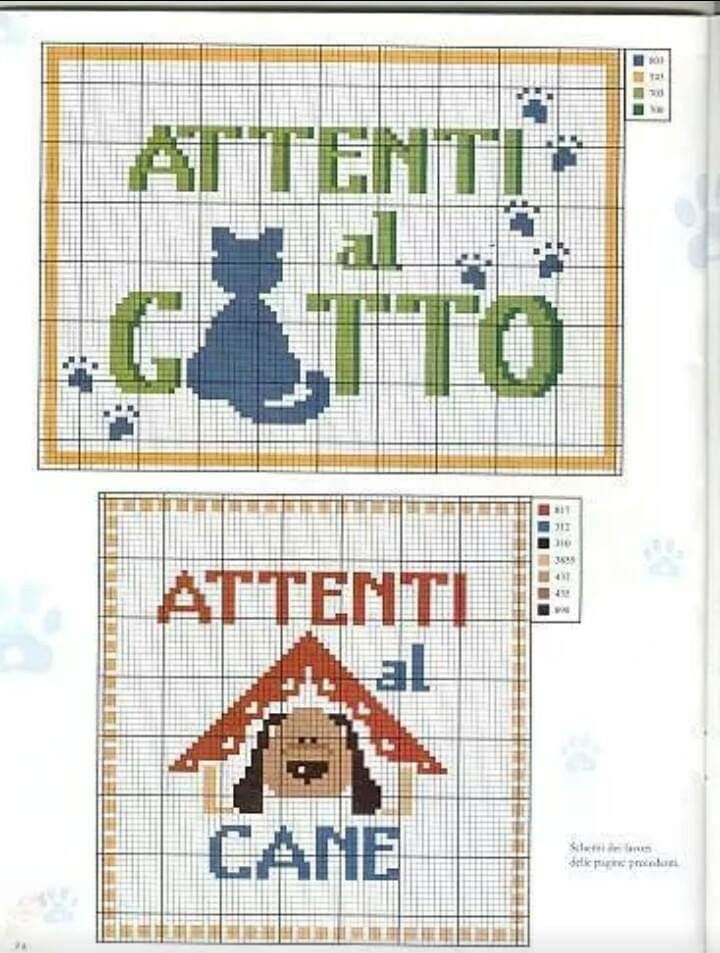 two cross stitch patterns, one with a dog and the other with a cat