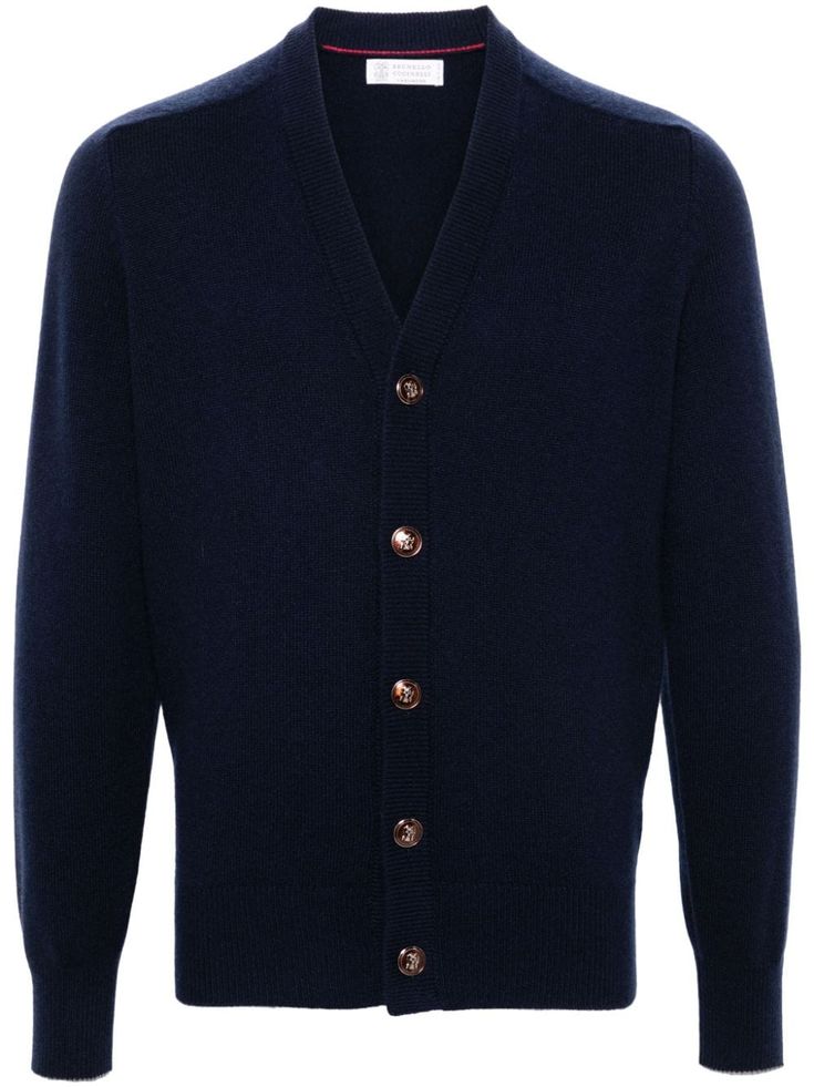 midnight blue cashmere ribbed knit logo-embossed buttons V-neck front button fastening long raglan sleeves ribbed cuffs and hem straight hem Cesare Attolini, Versace Sneakers, Knit Logo, City Shorts, Knitwear Men, Summer Beach Wear, Cashmere Cardigan, Knitwear Cardigan, Light Jacket