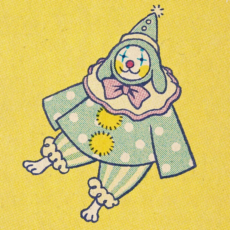 an image of a cartoon character with a clown hat and polka dot suit on, jumping in the air