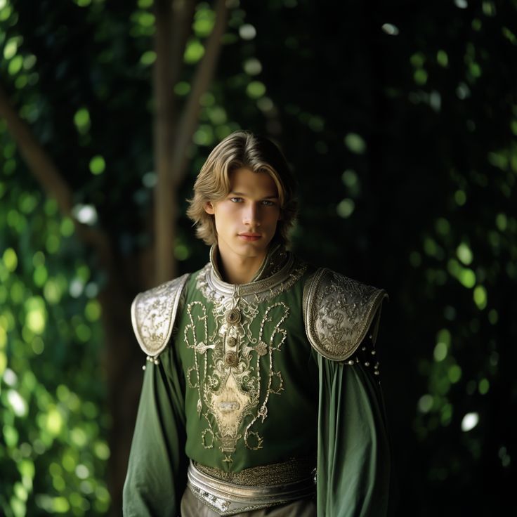 a young man dressed in medieval clothing posing for a photo with trees in the background