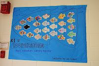 a bulletin board with fish on it in a school hallway, surrounded by magnets