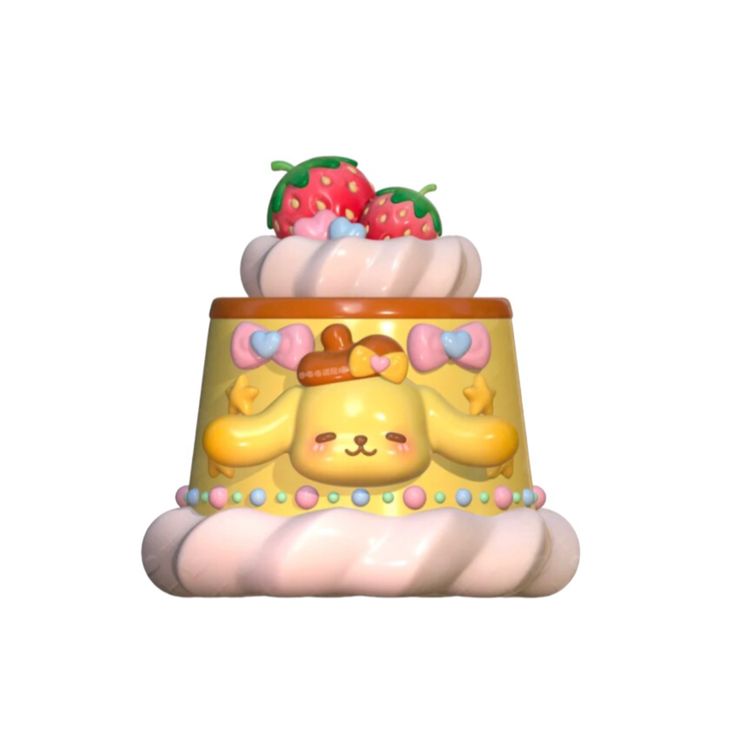 a cake that is sitting on top of a white base with strawberries in it