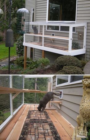 two pictures side by side of a house with a cat on the porch and an outside deck