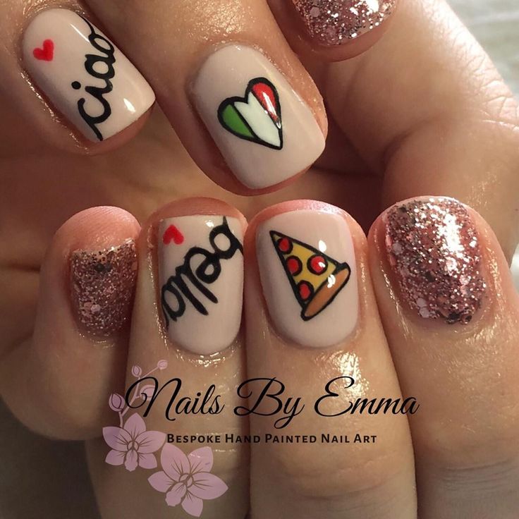 Ciao Bella Italian pizza nail design Nails Italy Design, Pizza Nails Designs, Nail Designs For Italy, Italy Theme Nails, Italian Nails Designs, Italian Themed Nails, Pizza Nail Art, Summer Italy Nails, Italy Nail Art