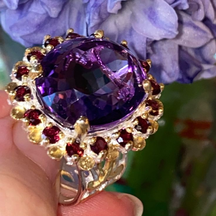 One Of A Kind Ring With Genuine 32 Ct Amethyst, Encrusted With Genuine Rhodolite, Quintessential British Style, Similar To The One That Adorned The Hand Of British Monarchy Family Member. 925 Sterling Silver, White Gold Overlay, 14k Yellow Gold Accents. Just Majestic, High Quality Ring! Brand New, Pristine Condition Luxury Round Amethyst Ring With Gemstone Accents, Luxury Round Amethyst Gemstones, Round Amethyst Gemstones With Accents, Exquisite Amethyst Ring, Formal Multi-stone Amethyst Ring With Round Cut, Exquisite Multi-stone Amethyst Ring For Anniversary, Exquisite Multi-stone Amethyst Anniversary Ring, Luxury Amethyst Gemstones With Accent Stones, Luxury Amethyst Gemstones For Anniversary