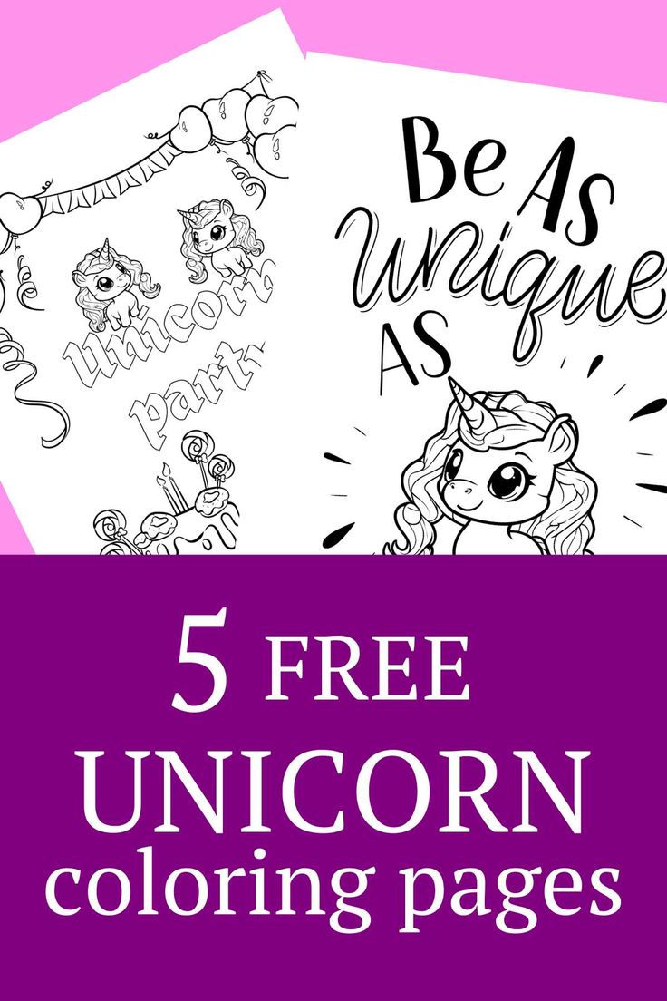 five unicorn coloring pages with the text, 5 free unicorn coloring pages for adults and children