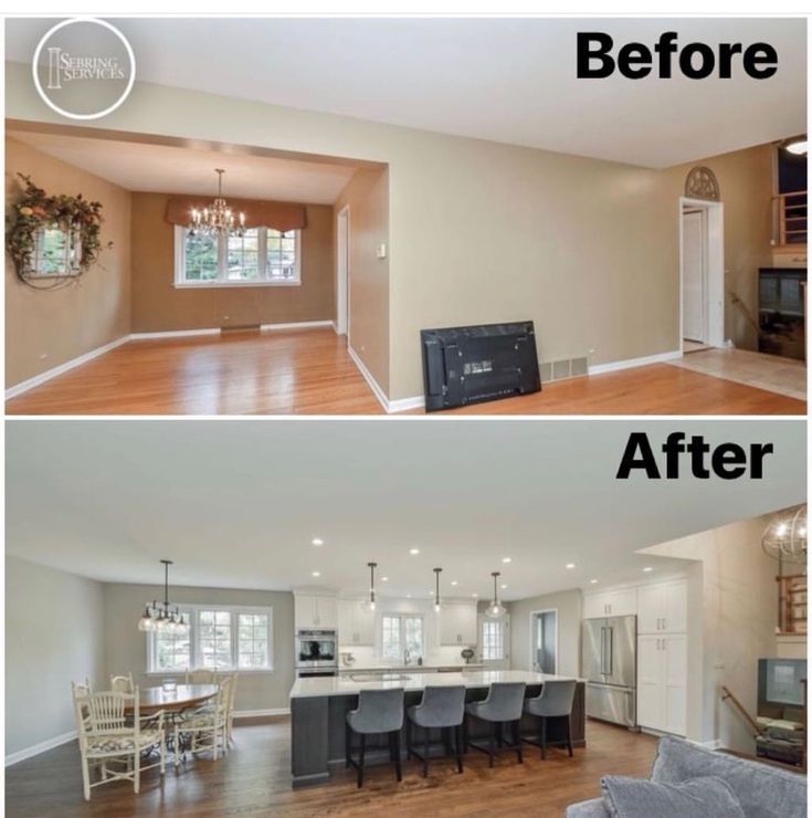 before and after pictures of a kitchen, dining room and living room remodel