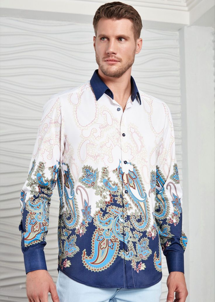 Make a statement in this crisp silky cotton button-up designed in a paisley pattern print distinguish this meticulously crafted silky cotton shirt streamlined with a concealed button placket for a suave finish The high and low effect adds texture to the design Gracefully striations of color add warmth and character to the design Pair with jeans, tailored pants or shorts for any season for the ultimate smart-luxury look Tonal contrast trim at the collar and cuffs 2 tone silky mixed print shirt Sp Formal Patterned Shirt With Floral Print, Luxury Silk Shirt With Floral Print, Elegant Printed Shirt With Spread Collar, Silk Shirt With Floral Print And Spread Collar, Elegant Patterned Shirt With Paisley Print, Formal Patterned Shirt With Spread Collar, Elegant Patterned Shirt With Spread Collar, Formal Shirt With Pattern And Spread Collar, Formal Paisley Print Tops For Spring