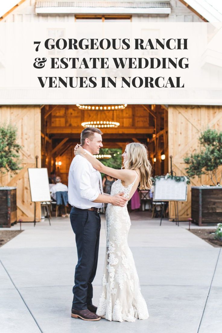 a bride and groom standing in front of a barn with the words, gorgeous ranch & estate wedding venues in north carolina