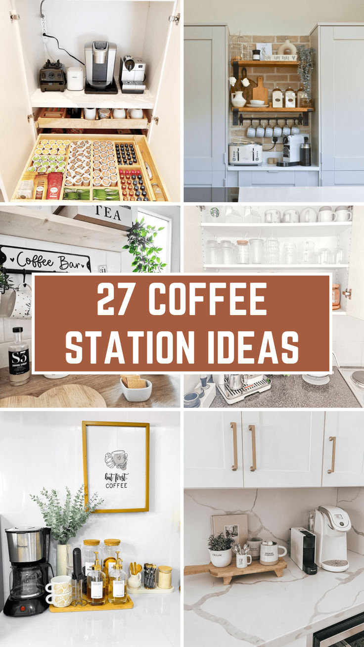 A cozy kitchen corner with a coffee station featuring a wooden shelf, coffee maker, mugs hanging on hooks, and jars of coffee beans and sugar. Small Home Coffee Station, Hiding Coffee Station In Kitchen, At Home Coffee Bar Small Spaces, Coffee Station Shelf Ideas, Coffee Nook Kitchen Counter, Small Keurig Station, Coffee Station With Open Shelving, Home Coffee Stations Counter Space, Mini Coffee Station On Counter