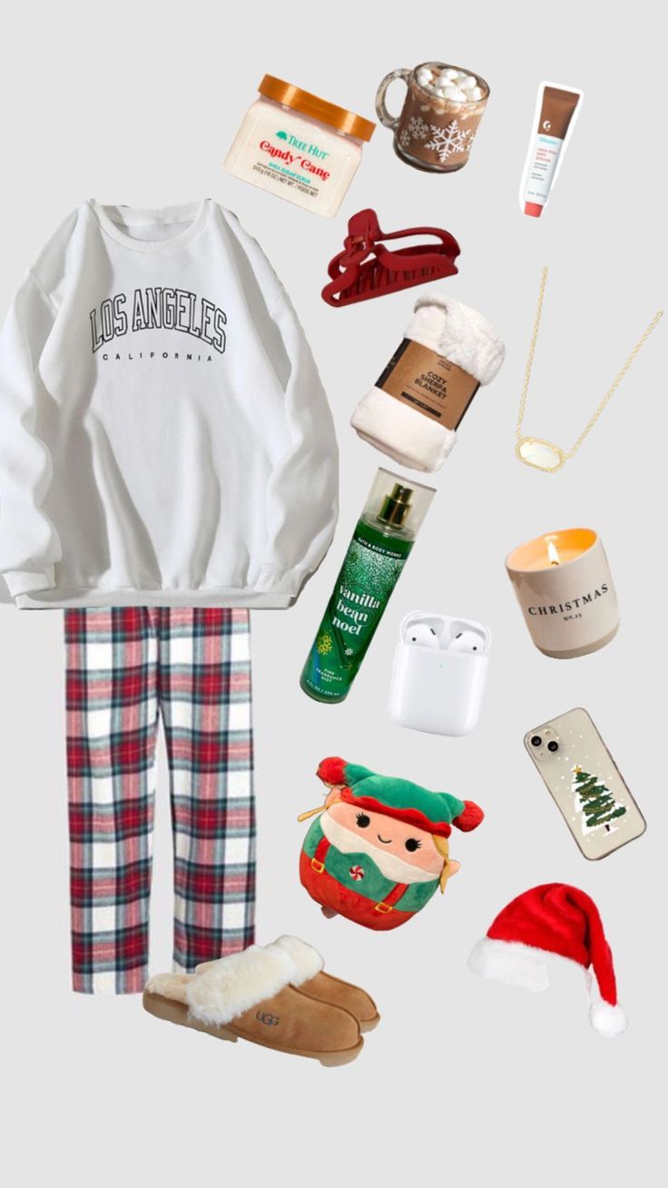 an assortment of christmas items including pajamas, sweaters and other accessories are arranged on a white background