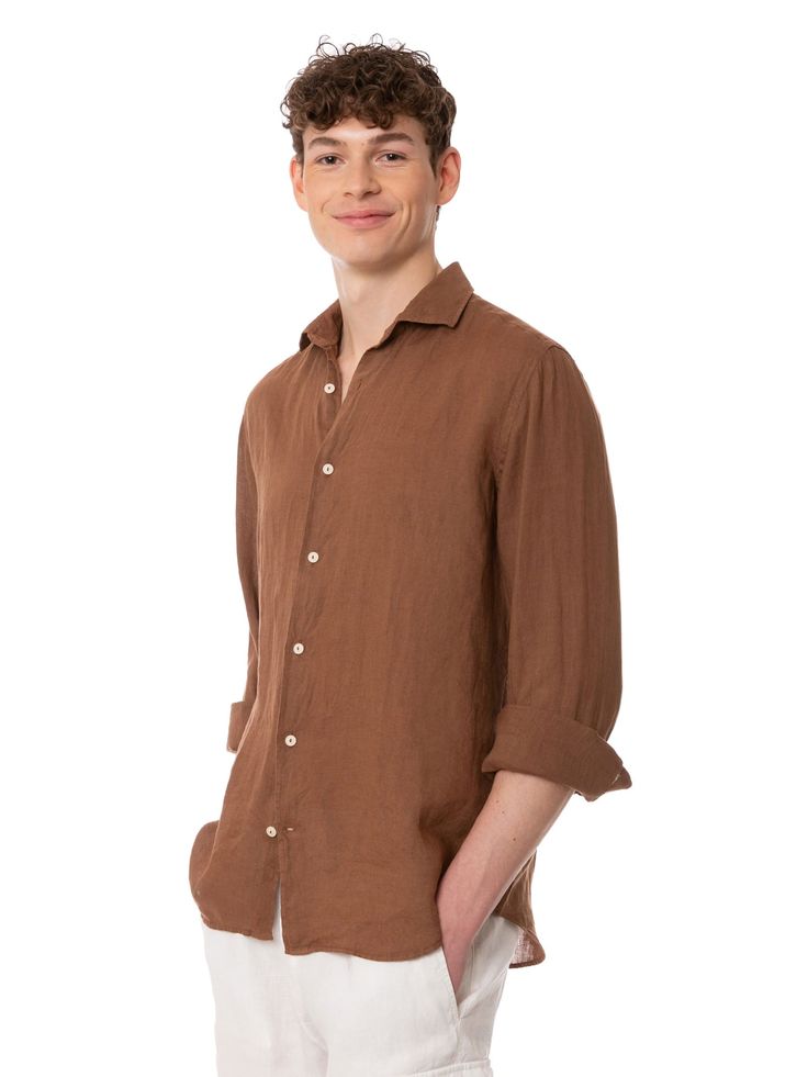 Man Pamplona shirtBrown solid colorComfortable sizeLong sleevesClassic necklineFront closureButtoned cuffsComposition: 100% Linen Semi-formal Shirt With Cuffed Sleeves And Spread Collar, Semi-formal Collared Shirt With Cuffed Sleeves, Elegant Brown Shirt With Button Cuffs, Long Sleeve Shirt With Concealed Placket For Summer, Brown Spread Collar Top With Button Closure, Summer Long Sleeve Shirt With Concealed Placket, Classic Brown Tops With Button Closure, Brown Spread Collar Tops For Work, Brown Collared Blouse With Button Cuffs