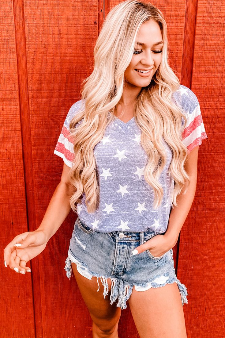 Blue Striped Sleeve Stars Print V Neck Tee Casual V-neck Star Print Top, Blue Star Print Tops For Summer, Blue Star Print Summer Tops, Cotton V-neck Top With American Flag Print, American Flag Print V-neck Tops For Summer, Casual Blue Tops With Flag Print, Casual Blue Tops With American Flag Print, Summer V-neck Tops With American Flag Print, V-neck Tops With American Flag Print For Summer