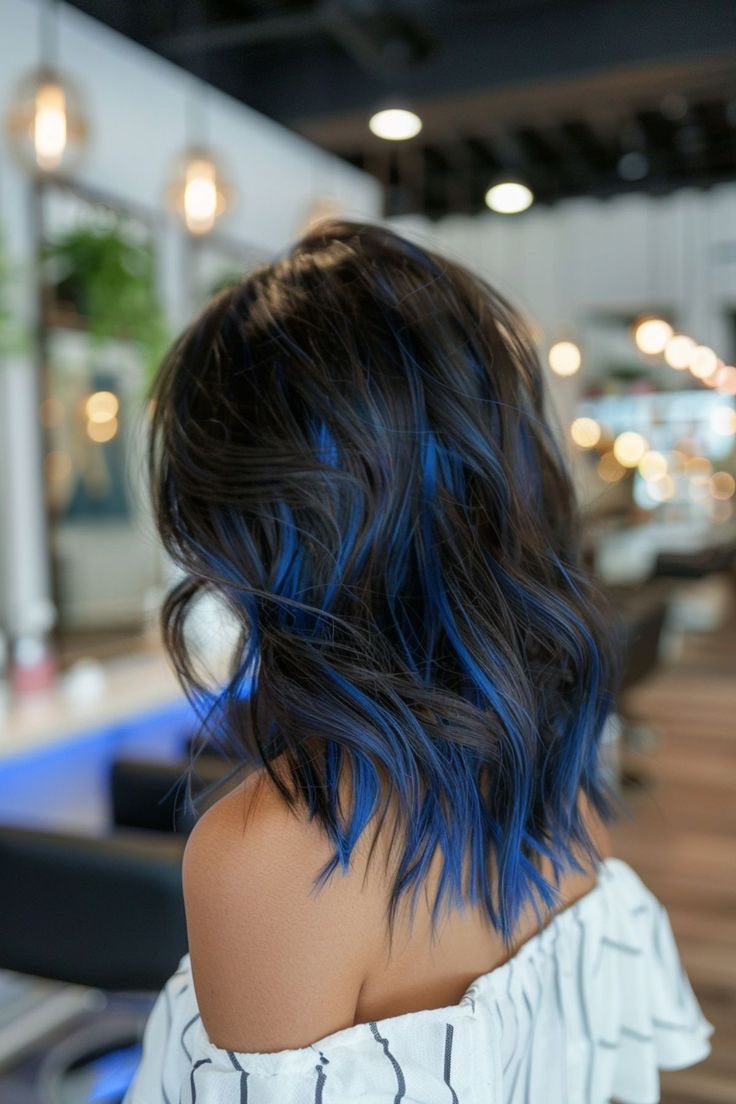 Balayage Peekaboo Hair, Dark Blue Hair Underneath Brown, Blue Highlights With Brown Hair, Black Hair With Royal Blue Highlights, Hair Dye Ideas Dark Brown, Midnight Blue Highlights In Brown Hair, Blue Money Piece Hair Blonde, Brown Hair With Highlights Underneath, Black Hair With Blue Ends