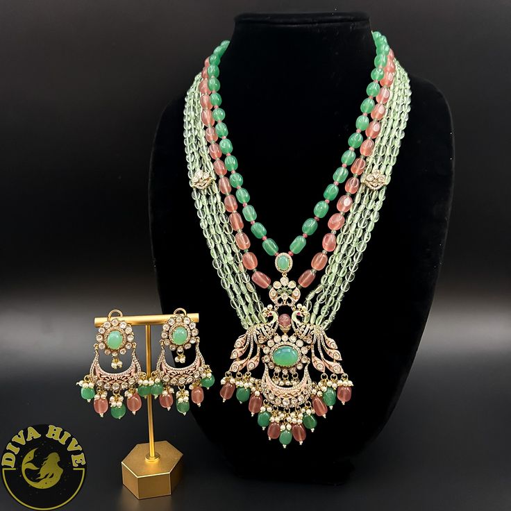 Premium Moissanite Layered Necklace | Rani Haar Necklace | Diva Exclusive Necklace - Necklace -Bridal Green Kundan Jewelry With Peacock Design, Green Necklace With Peacock Design For Diwali, Green Peacock Design Necklace For Diwali, Green Bollywood Necklace With Peacock Design, Green Bollywood Jewelry With Peacock Design, Green Bollywood Necklaces With Peacock Design, Green Bridal Necklace With Peacock Design For Gift, Green Bridal Necklace With Peacock Design, Bollywood Style Green Peacock Design Jewelry