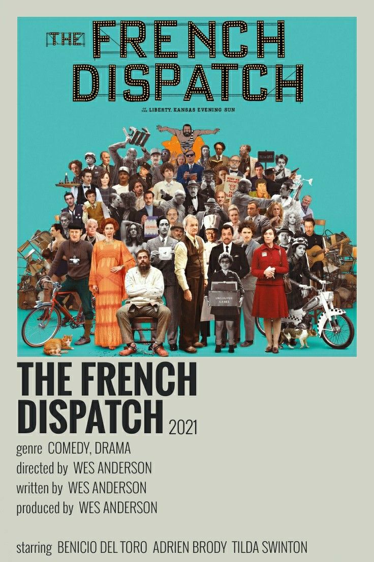 a movie poster for the french dispatch with an image of many people in front of them