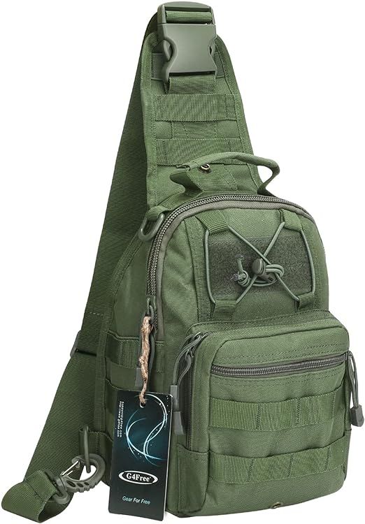 an army green sling bag with a tag on the front and shoulder strap attached to it