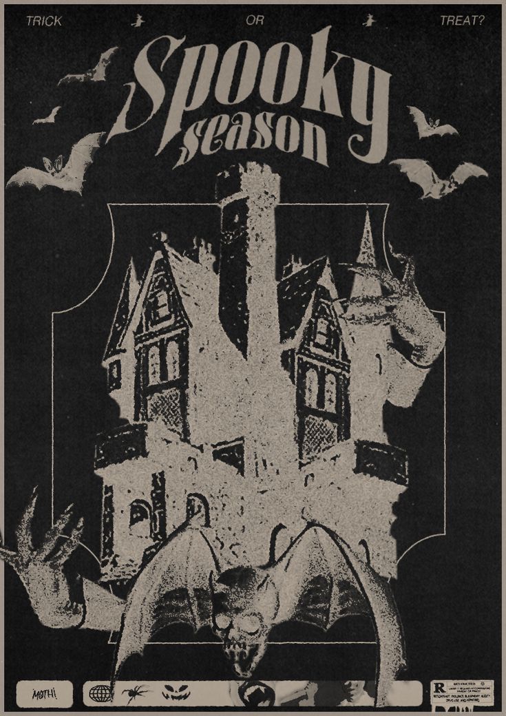 an advertisement for spooky season with bats flying around