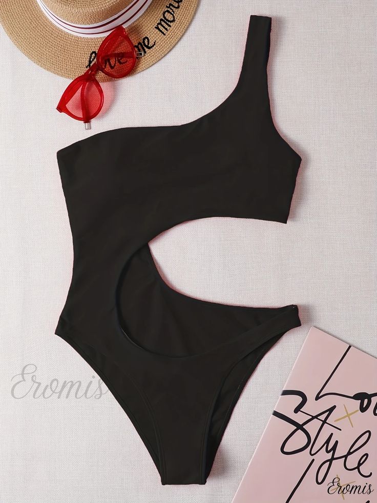 Eromis - Stylish Black One Shoulder One Piece Swimsuit with Asymmetrical Cut-Out Design and High Cut Leg, Perfect for Womens Swimwear and Clothing Black One-shoulder Cutout Swimwear, Black Cutout One-piece For Summer, Asymmetrical Cutout Party Swimwear, Asymmetrical Cutout Swimwear For Party, Black One-shoulder Bodysuit For Summer, Black Asymmetrical Swimwear For Beach, Black Cutout One-piece Swimsuit, Womens Bathing Suits, One Piece Suit