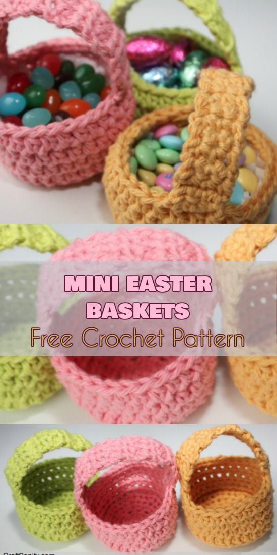 crocheted baskets with candy in them and the words mini easter baskets free crochet pattern