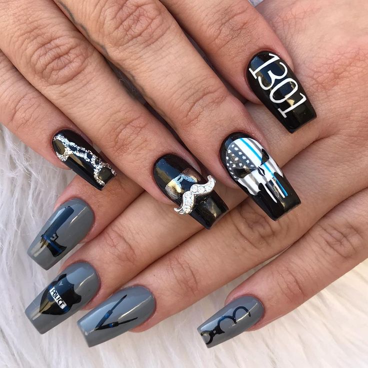 Cop Nails Designs, Police Inspired Nails, Police Nail Art, Cop Nails, Police Nails, Halloween Cop, Cop Wife, Sheriff Deputy, Nail Shop