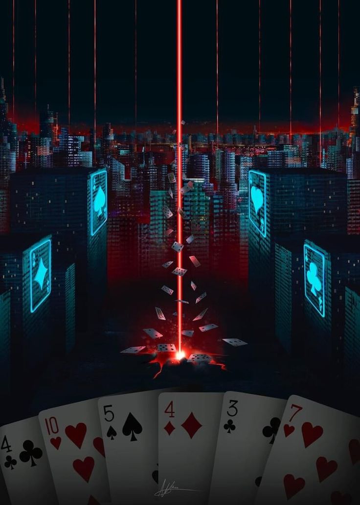 an image of playing cards in the middle of a city at night with neon lights