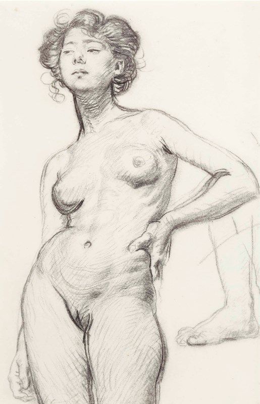 a drawing of a naked woman with her hands on her hips