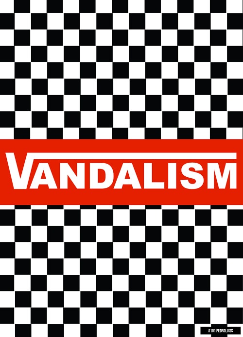 the word vandalism is written in red on a black and white checkered background