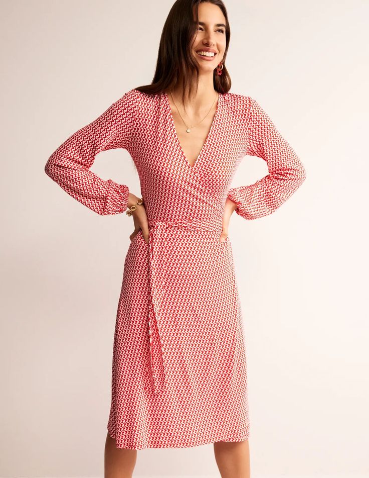 Joanna Jersey Midi Wrap Dress - Flame Scarlet, Arc Geo | Boden US Soft Gamine, Dinner Dates, Boden Uk, Midi Wrap Dress, Wrap Midi Dress, Dress Shapes, Flowy Skirt, Natural Style, Knee Length Dress