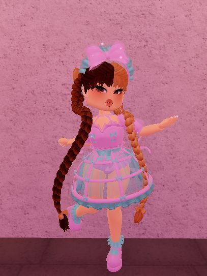 a cartoon girl with long hair and braids in a pink dress is standing on the floor