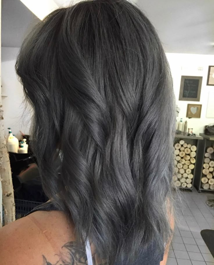 Dark Smokey Grey Hair, Dark Grey Curly Hair, Slate Grey Hair Color, Dark Gray Hair Color Ideas, Dark Silver Hair Color, Dark Grey Hair Charcoal, Dark Gray Hair Color, Steel Grey Hair, Smokey Grey Hair