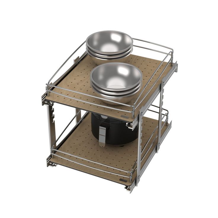 two pots and pans sit on top of a shelf