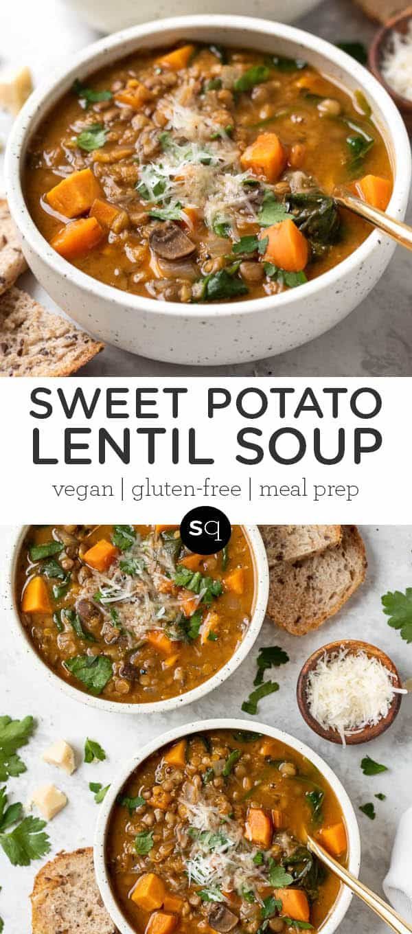 two bowls of sweet potato lentil soup with bread and parmesan cheese on the side